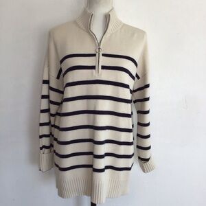 LOFT Women Soft Cozy Ivory And Black Strips Old Lux Zip-Up Everyday Sweater L